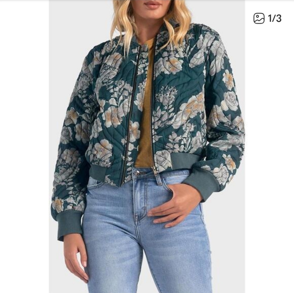 Elan Quilted Floral Bomber Jacket in Green
